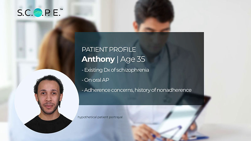 Patient profile for Anthony, Age 35. Current profile includes: existing Dx of schizophrenia, an oral antipsychotic, and adherence concerns with a history of nonadherence. 